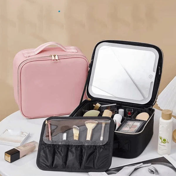 Portable Make Up Organizer Storage Box with LED Light and Mirror