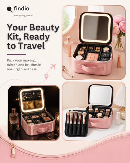Portable Make Up Organizer Storage Box with LED Light and Mirror