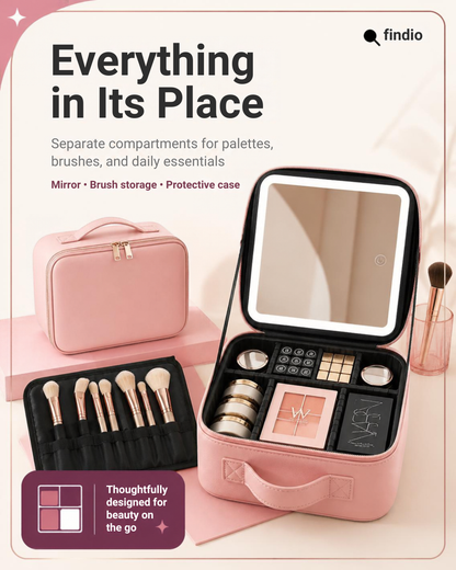 Portable Make Up Organizer Storage Box with LED Light and Mirror